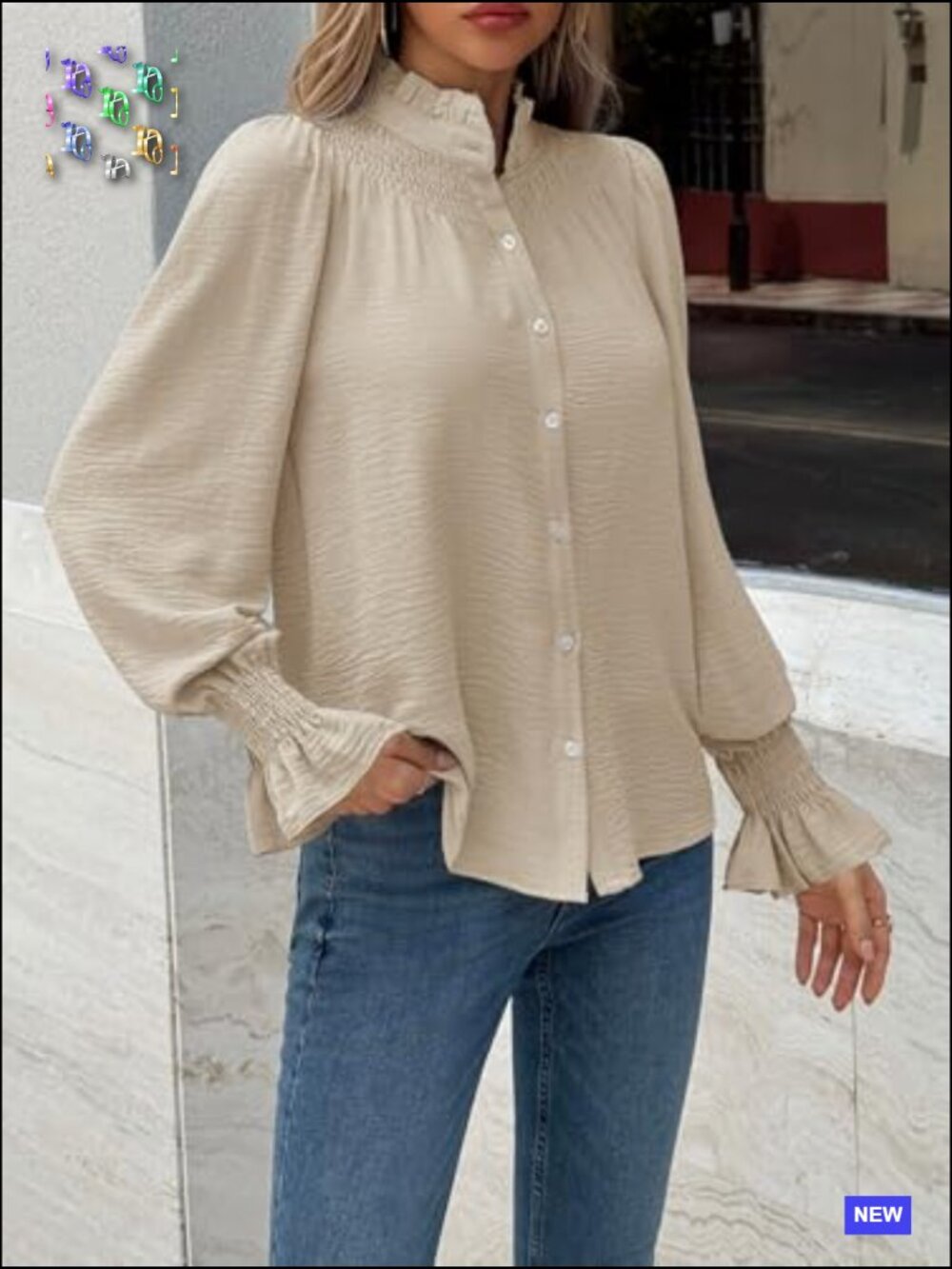 Puff Long Sleeve Button Down Shirt Ruffle Mock Neck Blouse Dressy Casual Loose - Picture 5 of 7